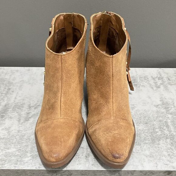 Fergie Bennie Tan/Brown Suede Leather Fringe Beaded Ankle Boots/Booties Size 6.5 - Picture 3 of 16